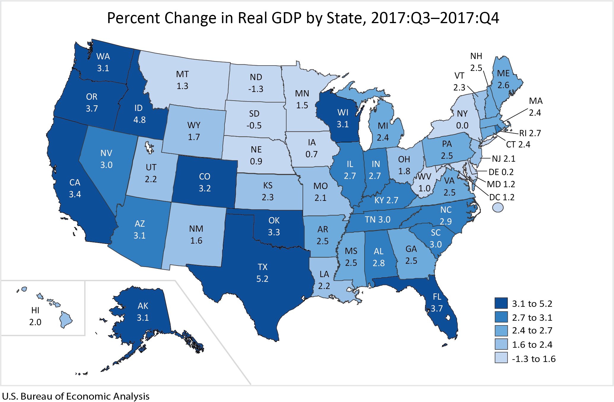 Map showing Percent Change in Real GDP by State.