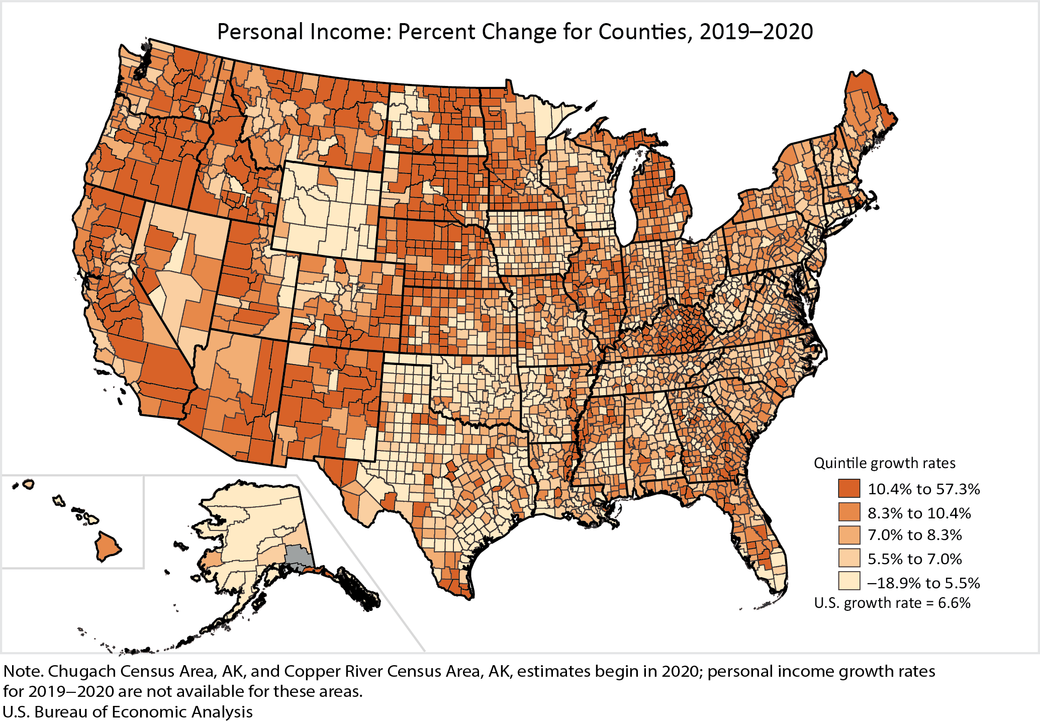 Map: Personal Income: Percent Change for Counties, 2019-2020
