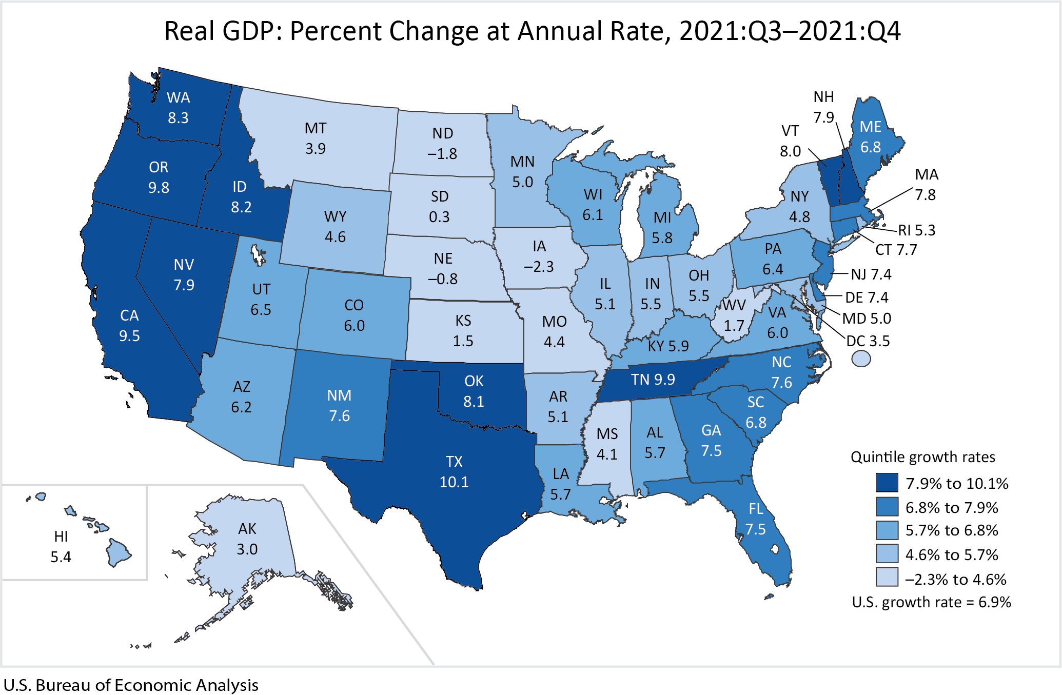 Map: Real GDP: Percent Change at Annual Rate, 2021:Q2-2021:Q4