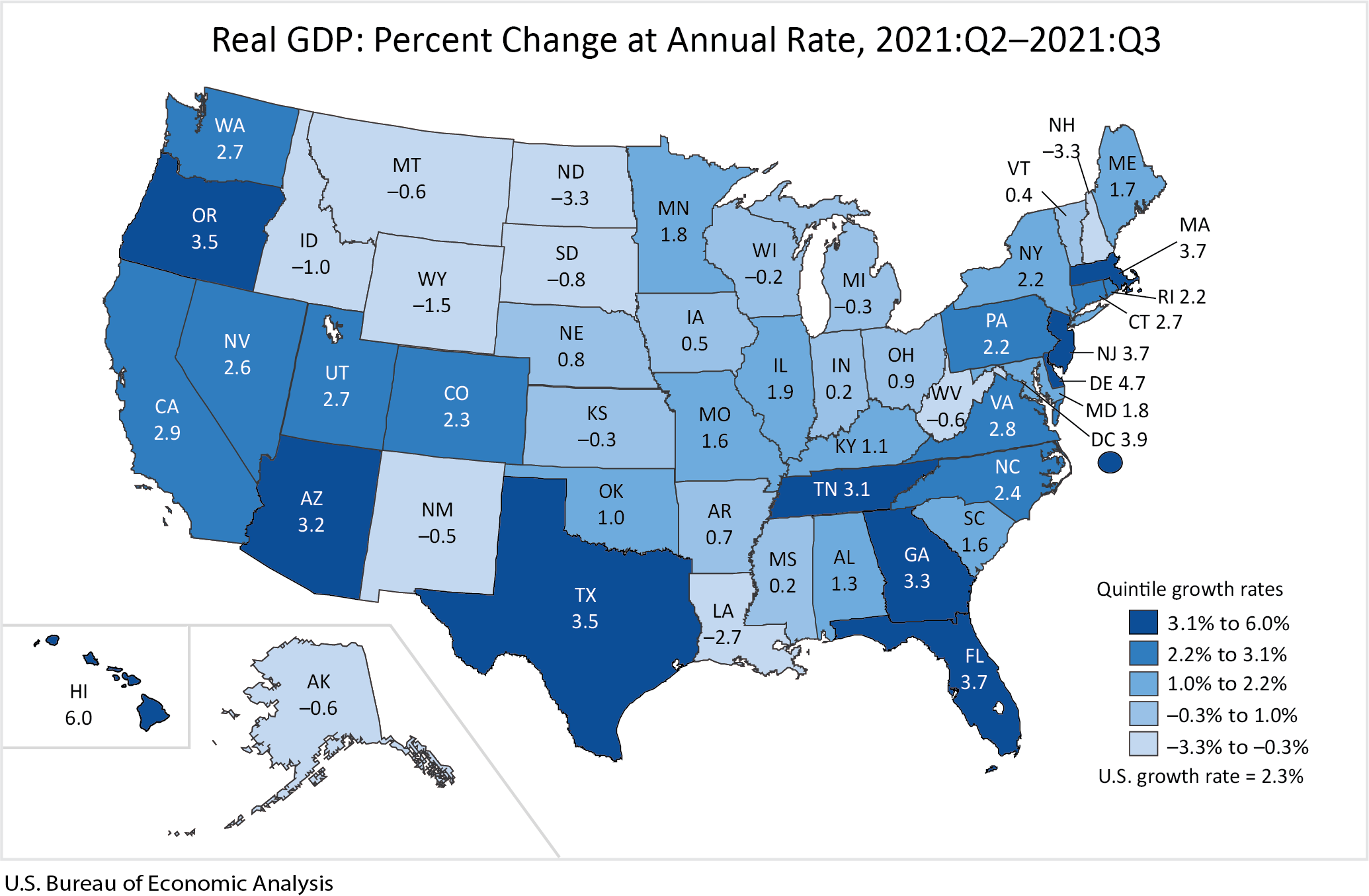 Map: Real GDP: Percent Change at Annual Rate, 2021:Q2-2021:Q3 