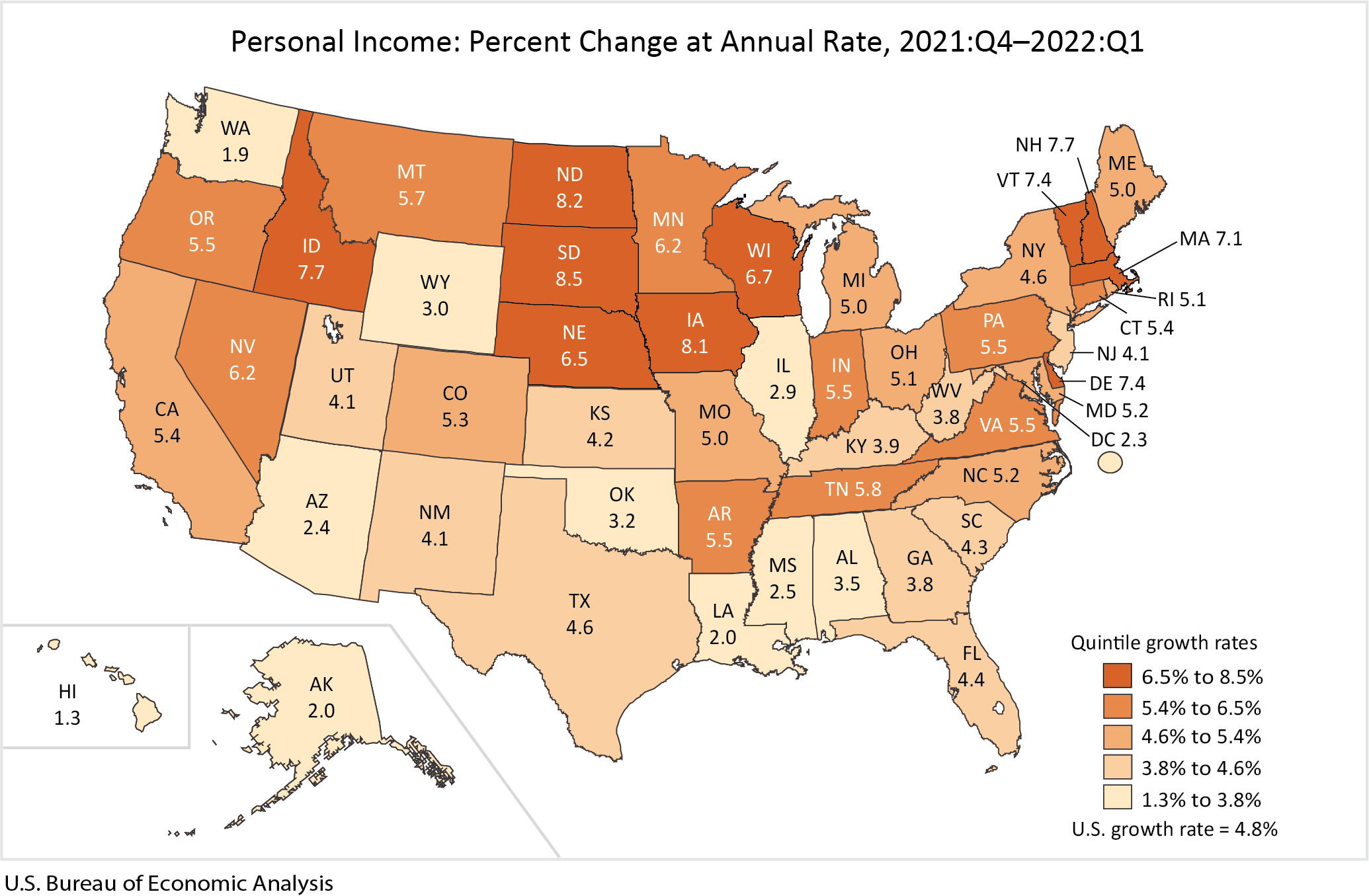 Map: Personal Income: Percent Change at Annual Rate, 2021Q4-2022:Q1