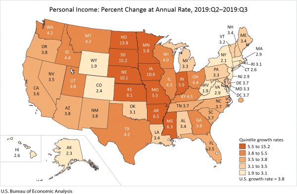 map: Personal Income: Percent Change at Annual Rate, 2019:Q2-2019:Q3