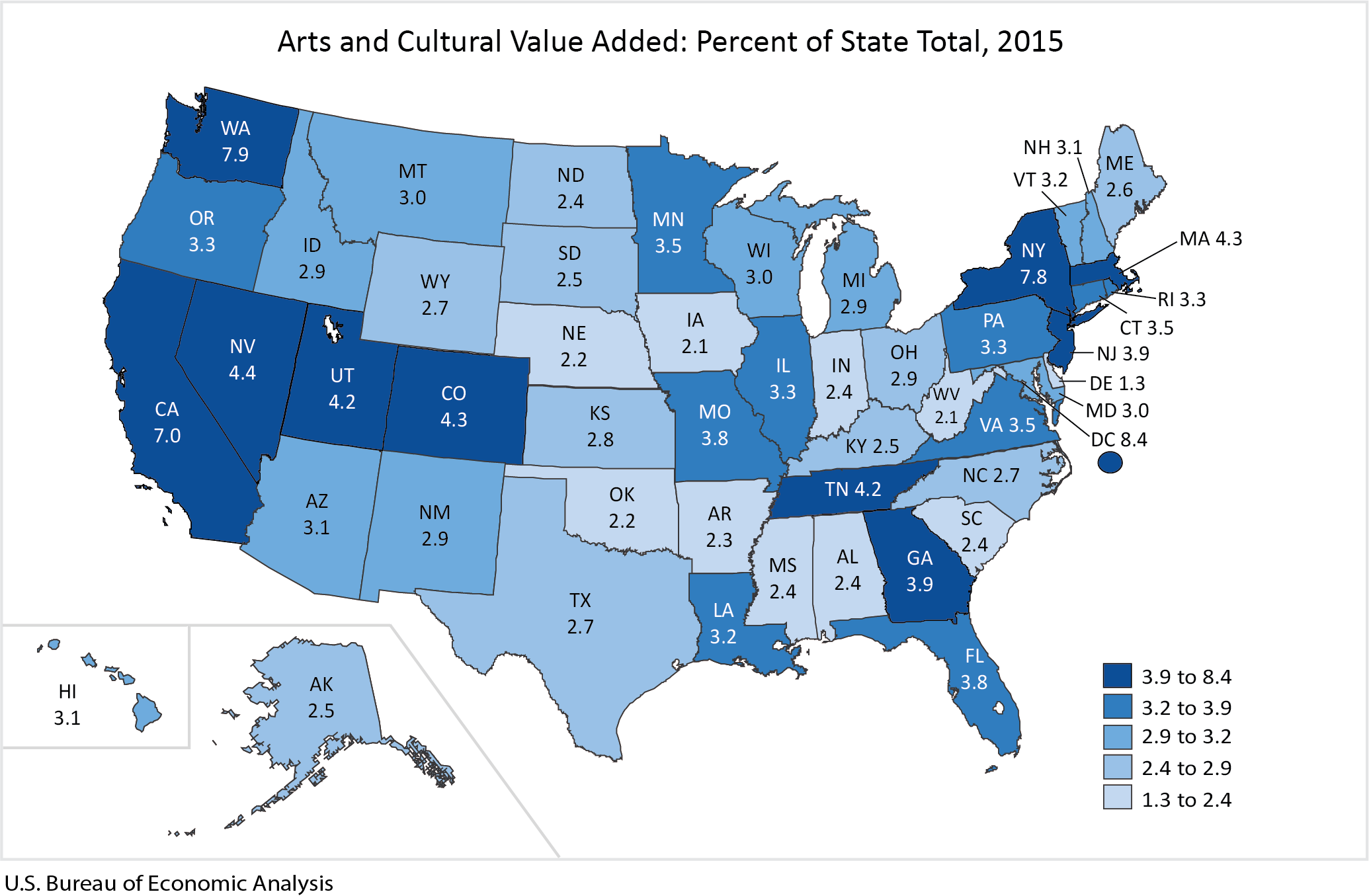 Arts and Cultural Value Added Map: Percent of State Total 2015