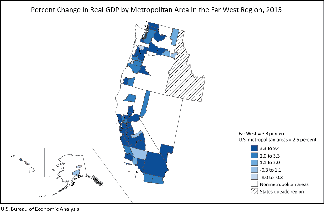 Percent Change in Real GDP by Metropolitan Area in the Far West Region, 2015