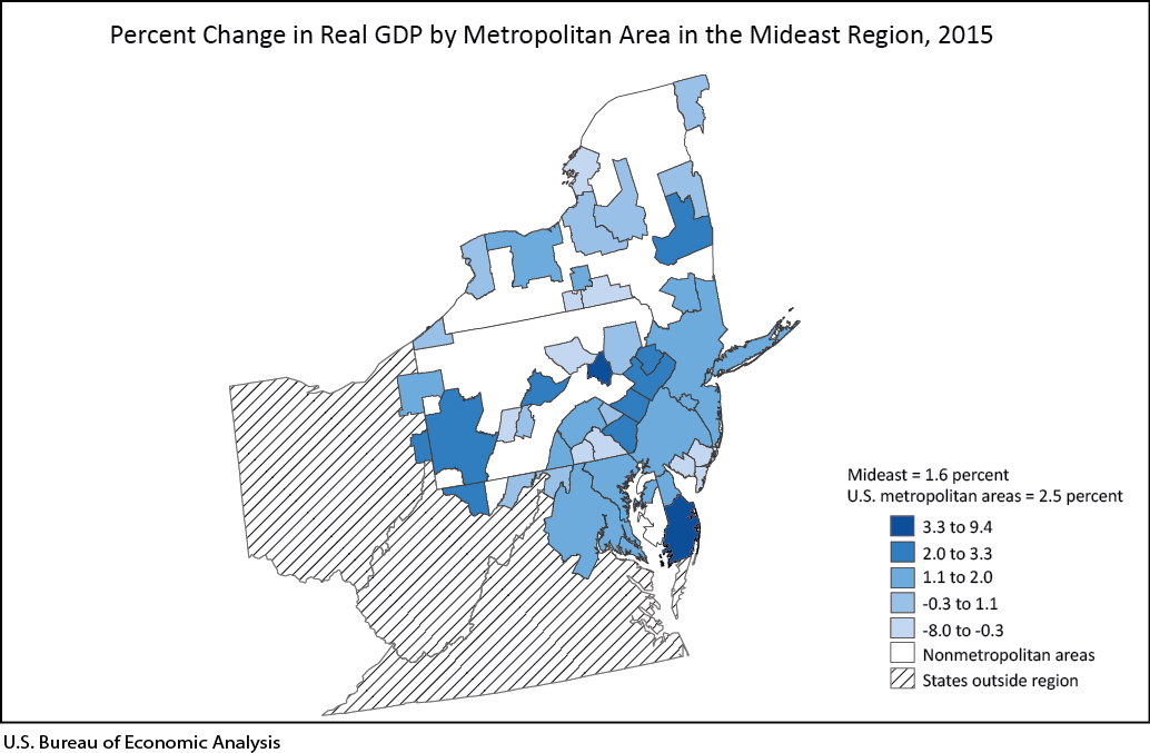 Percent Change in Real GDP by Metropolitan Area in the Mideast Region, 2015