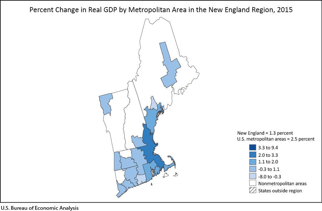 Percent Change in Real GDP by Metropolitan Area in the New England Region, 2015
