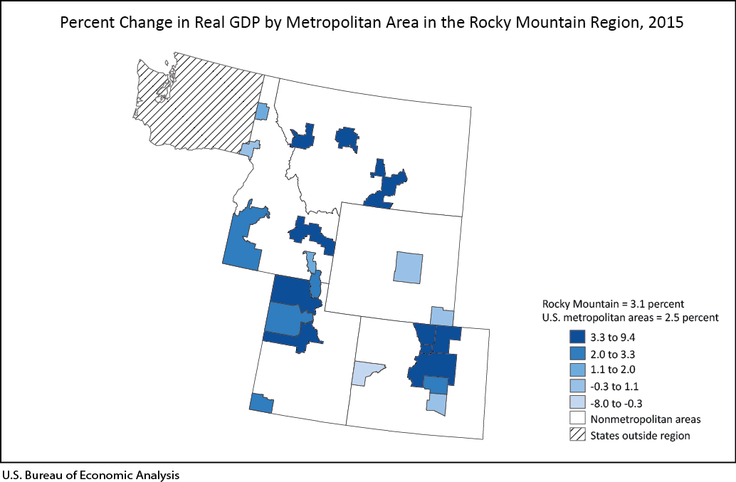 Percent Change in Real GDP by Metropolitan Area in the Rocky Mountain Region, 2015