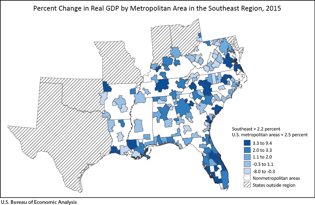 Percent Change in Real GDP by Metropolitan Area in the Southeast Region, 2015