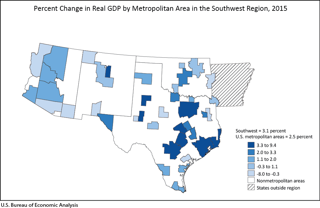 Percent Change in Real GDP by Metropolitan Area in the Southwest Region, 2015