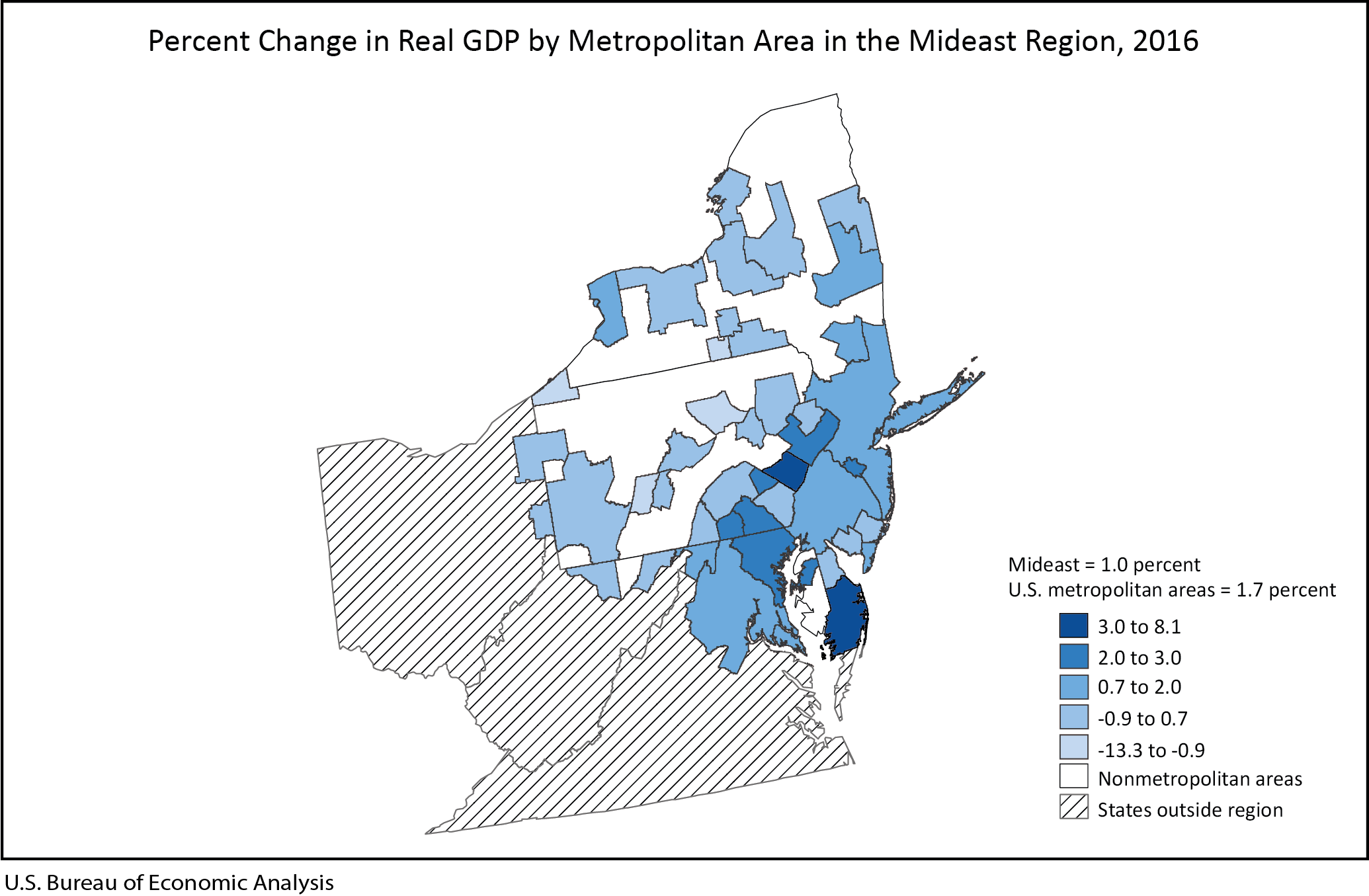 Graph of Percent Change in Real GDP by Metropolitan Area in the Mideast Region, 2016