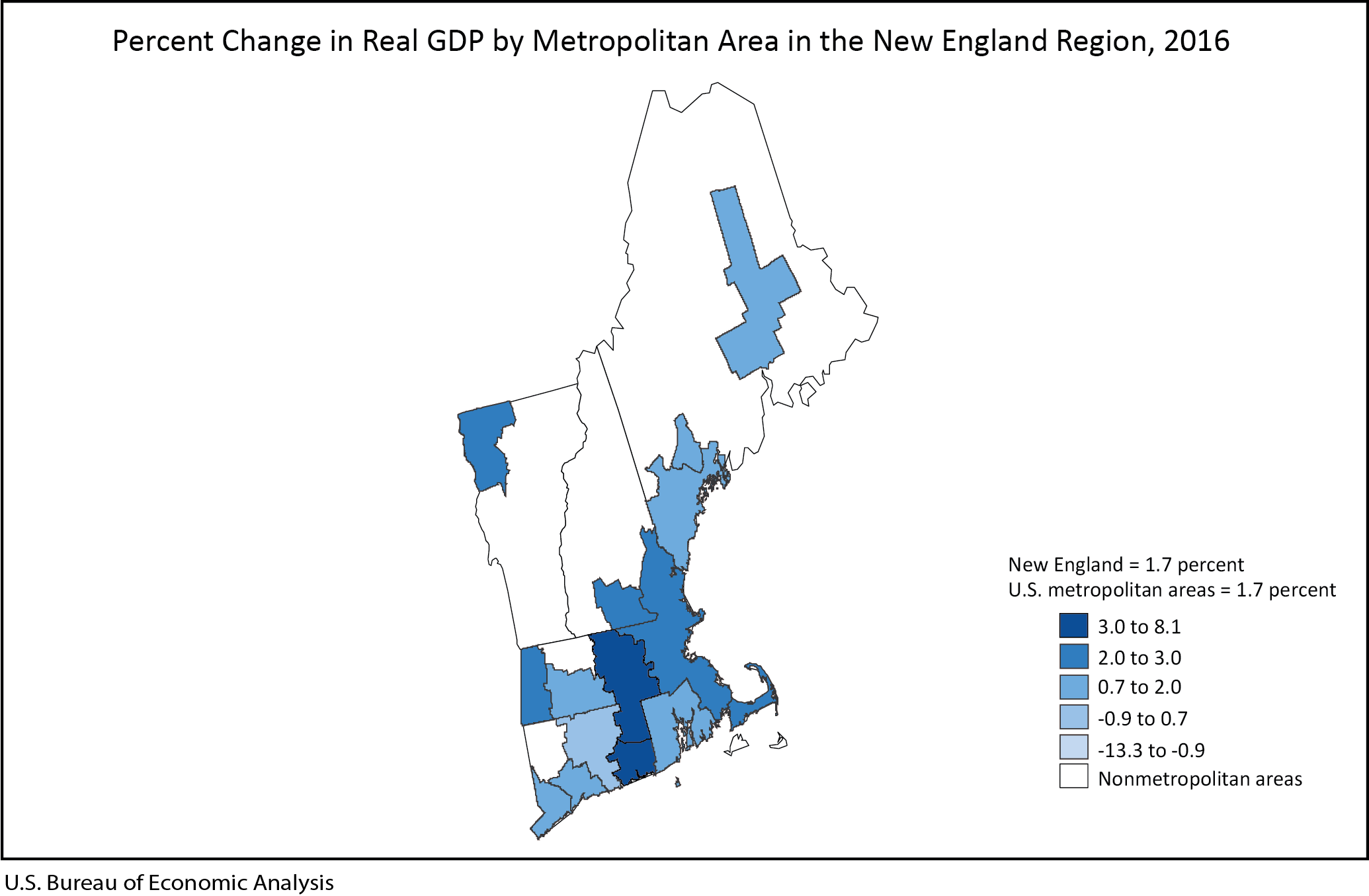 Graph of Percent Change in Real GDP by Metropolitan Area in the New England Region, 2016