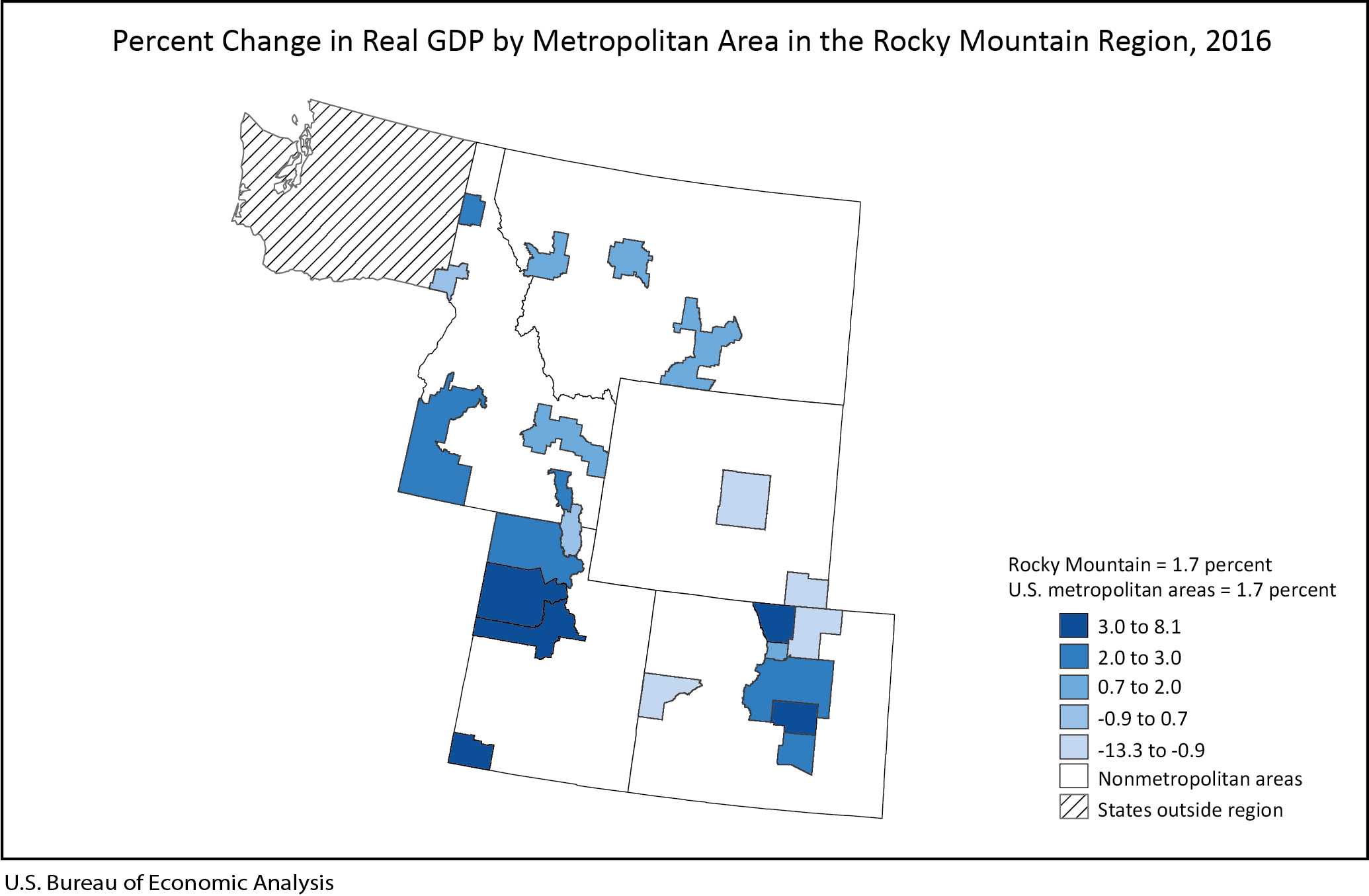 Graph of Percent Change in Real GDP by Metropolitan Area in the Rocky Mountain Region, 2016