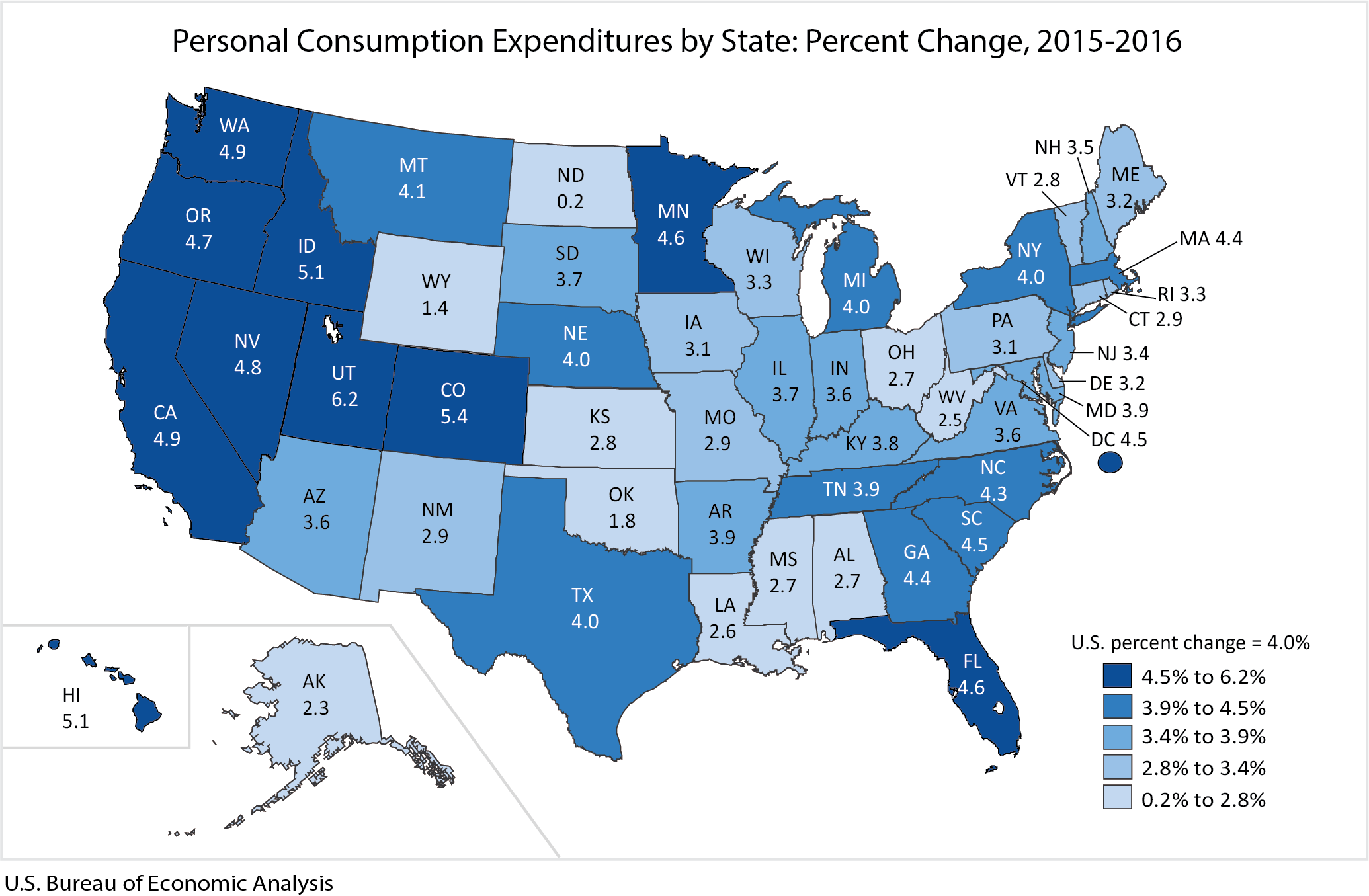 Map of US, Percent Change in Personal Consumption Expenditures by State, 2015 - 2016