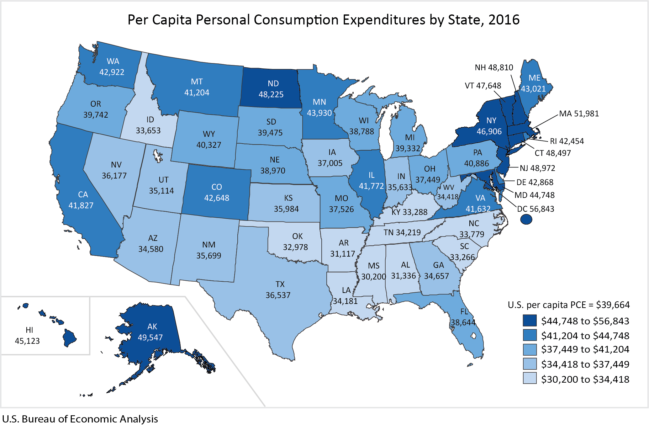 Map of US, Per Capita Personal Consumption Expenditures by State, 2016