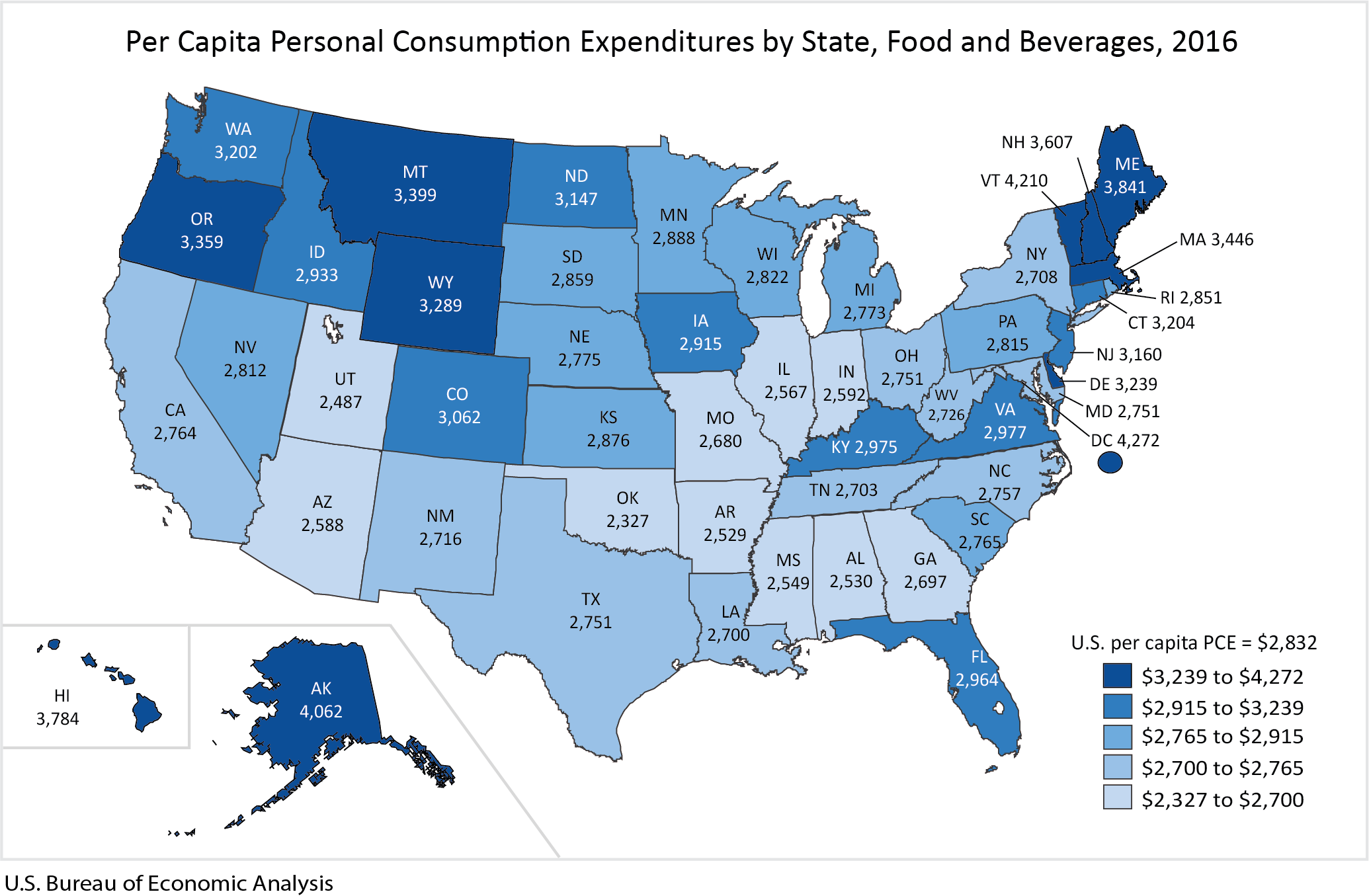 Per Capita Personal Consumption Expenditures by State, Food and Beverages, 2016