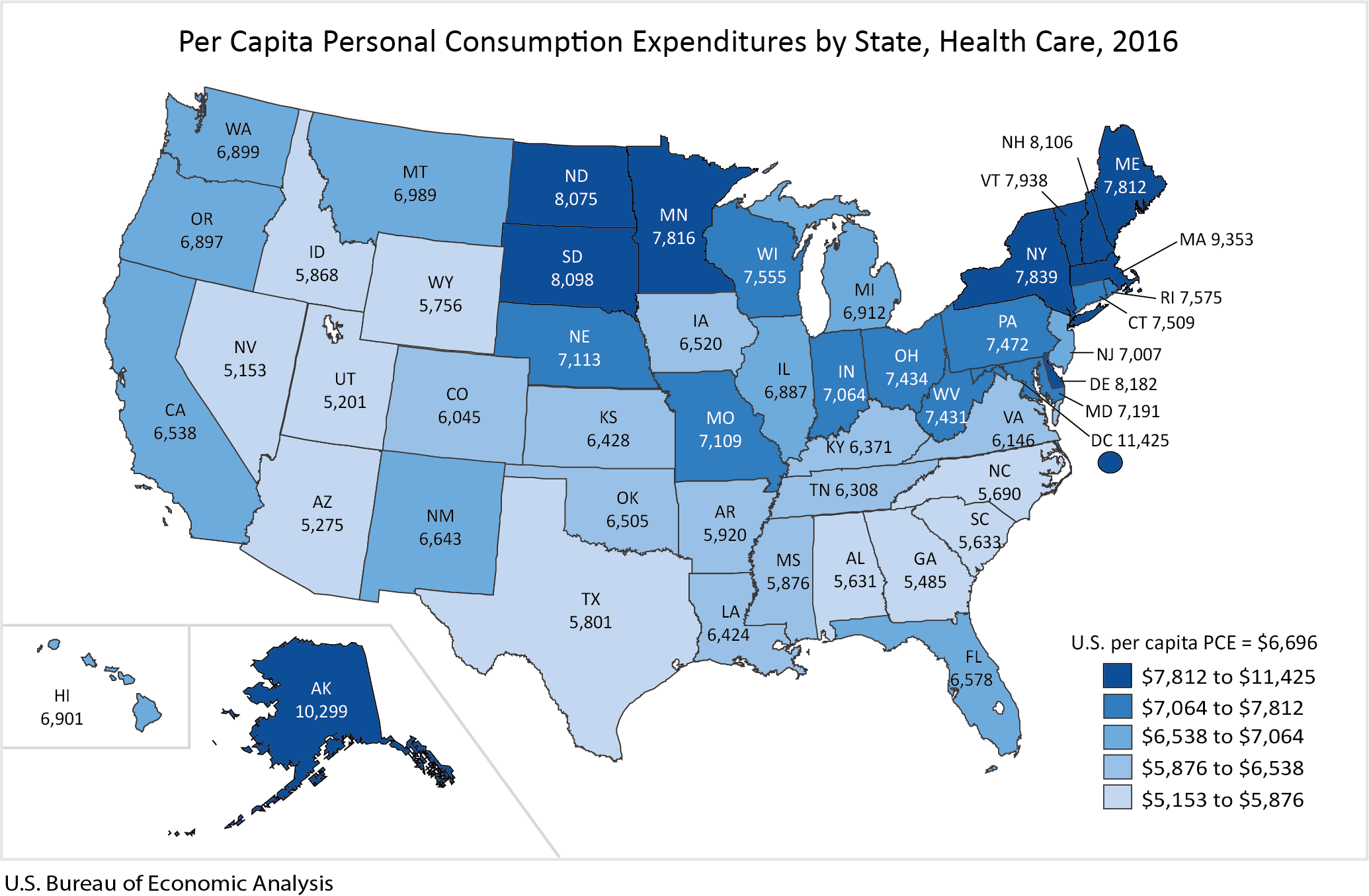 Per Capita Personal Consumption Expenditures by State, Health Care, 2016