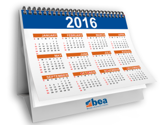Graphic of a 2016 calendar with BEA logo