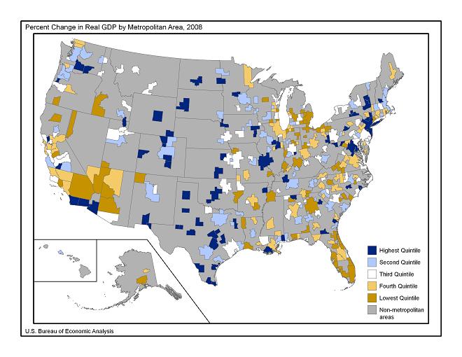 Percent change in real GDP by metro area, 2007-2008