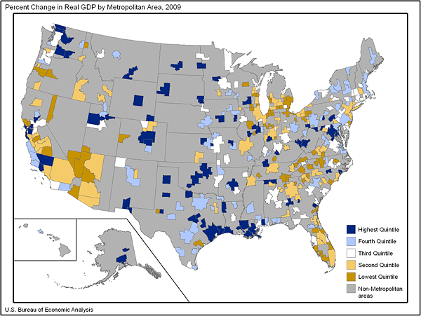 Percent change in real GDP by metro area, 2008-2009