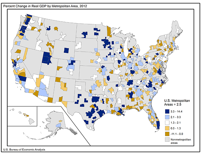 Percent change in real GDP by metro area, 2011-2012