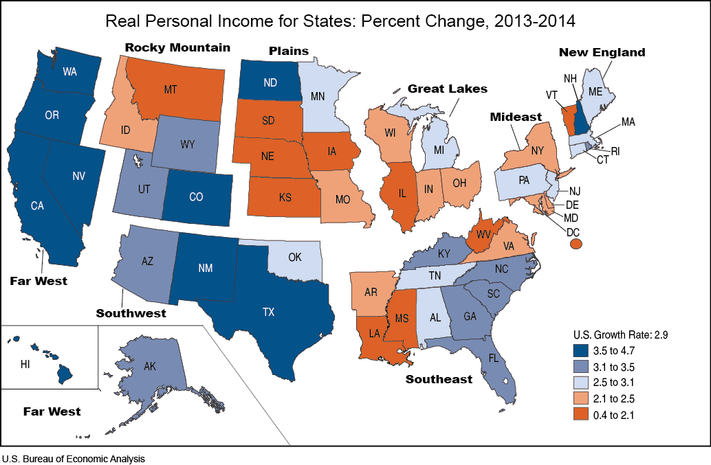 Map of US Real Personal Income for States: Percent Change, 2013-2014
