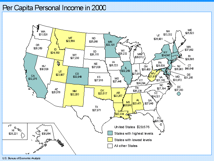 map of States, per capita personal income in 2000