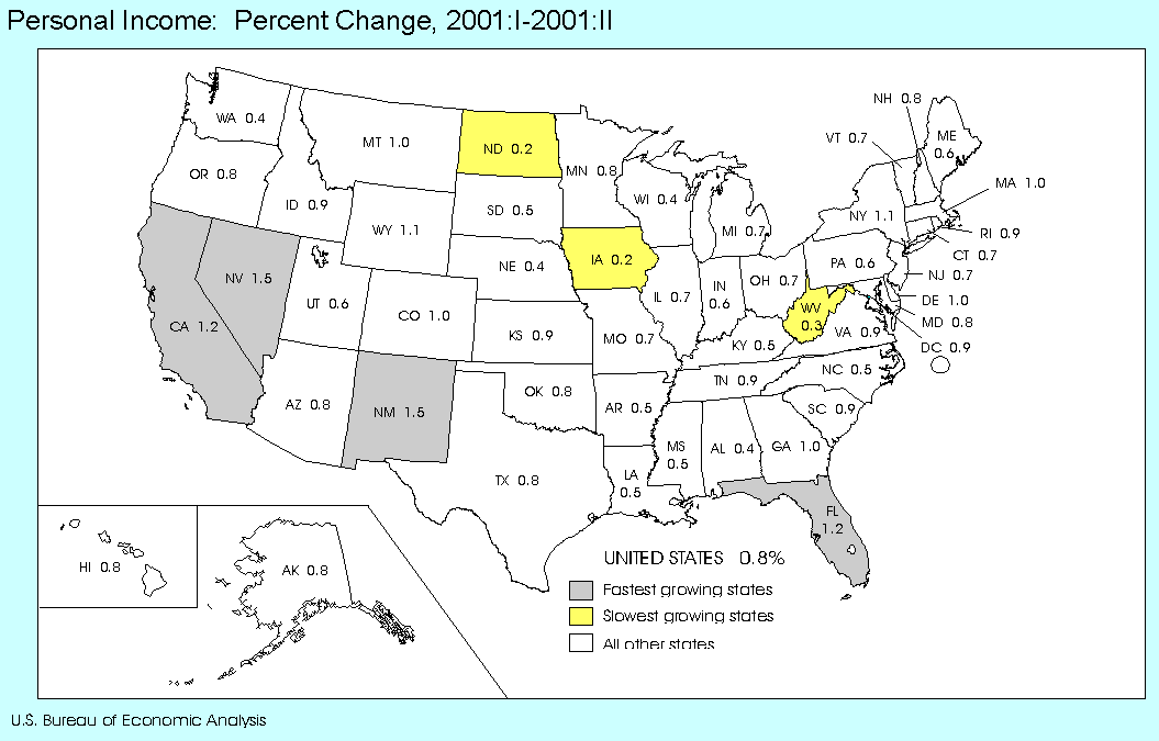 U.S. map showing percent change in personal income by state
