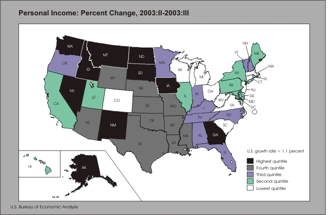 Chart 1: map of United States showing personal income percent change from the previous quarter
