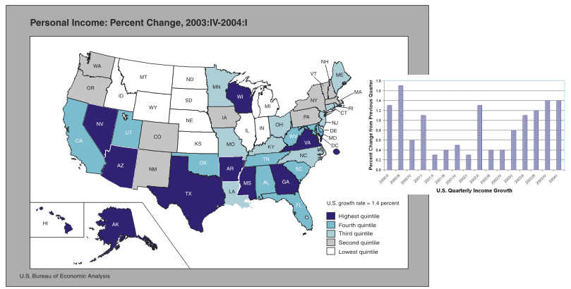 Chart 1: map of United States showing per capita personal income percent change from the previous quarter