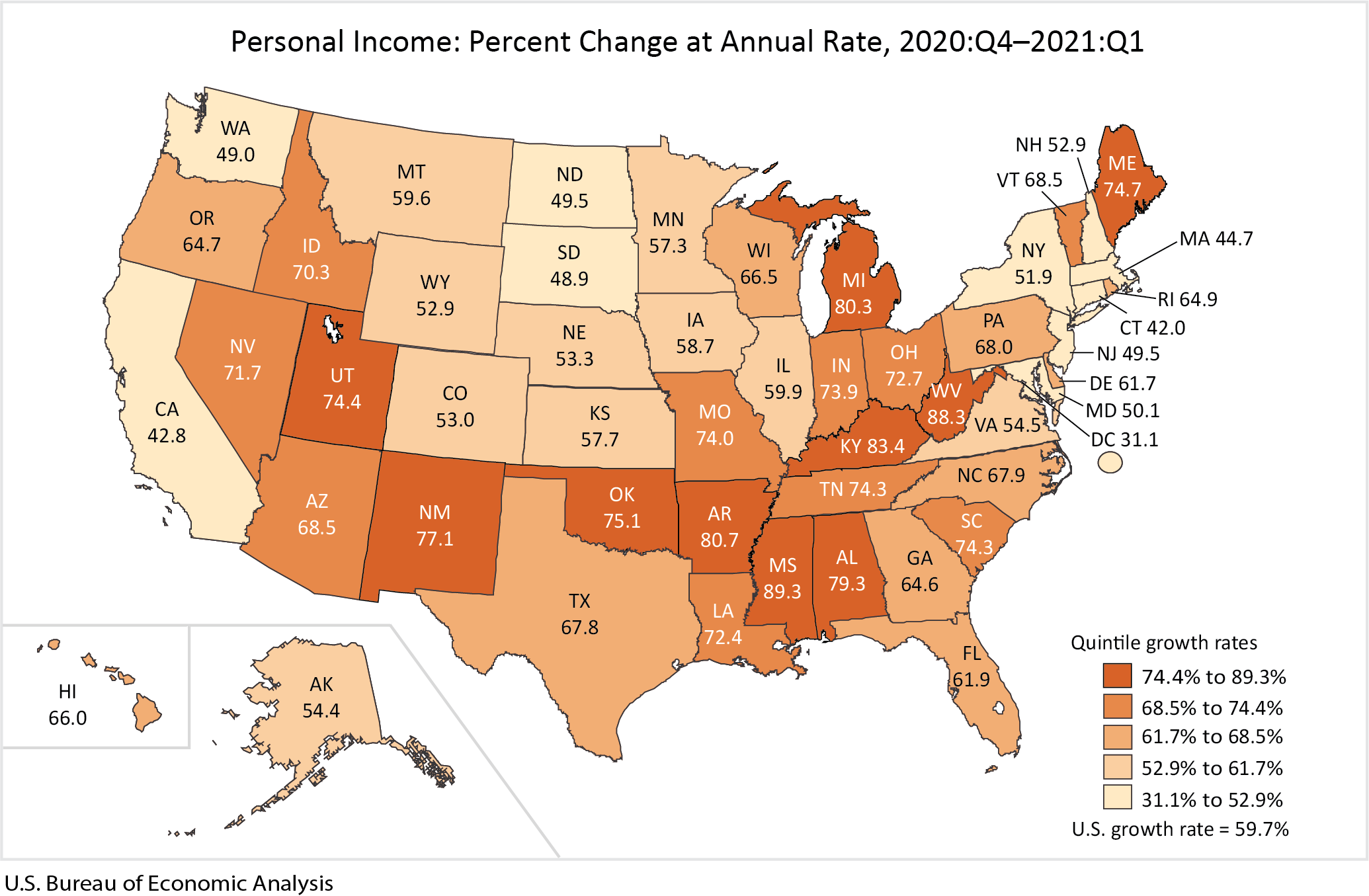 Map: Personal Income: Percent Change at Annual Rate, 2020:Q4-2021:Q1