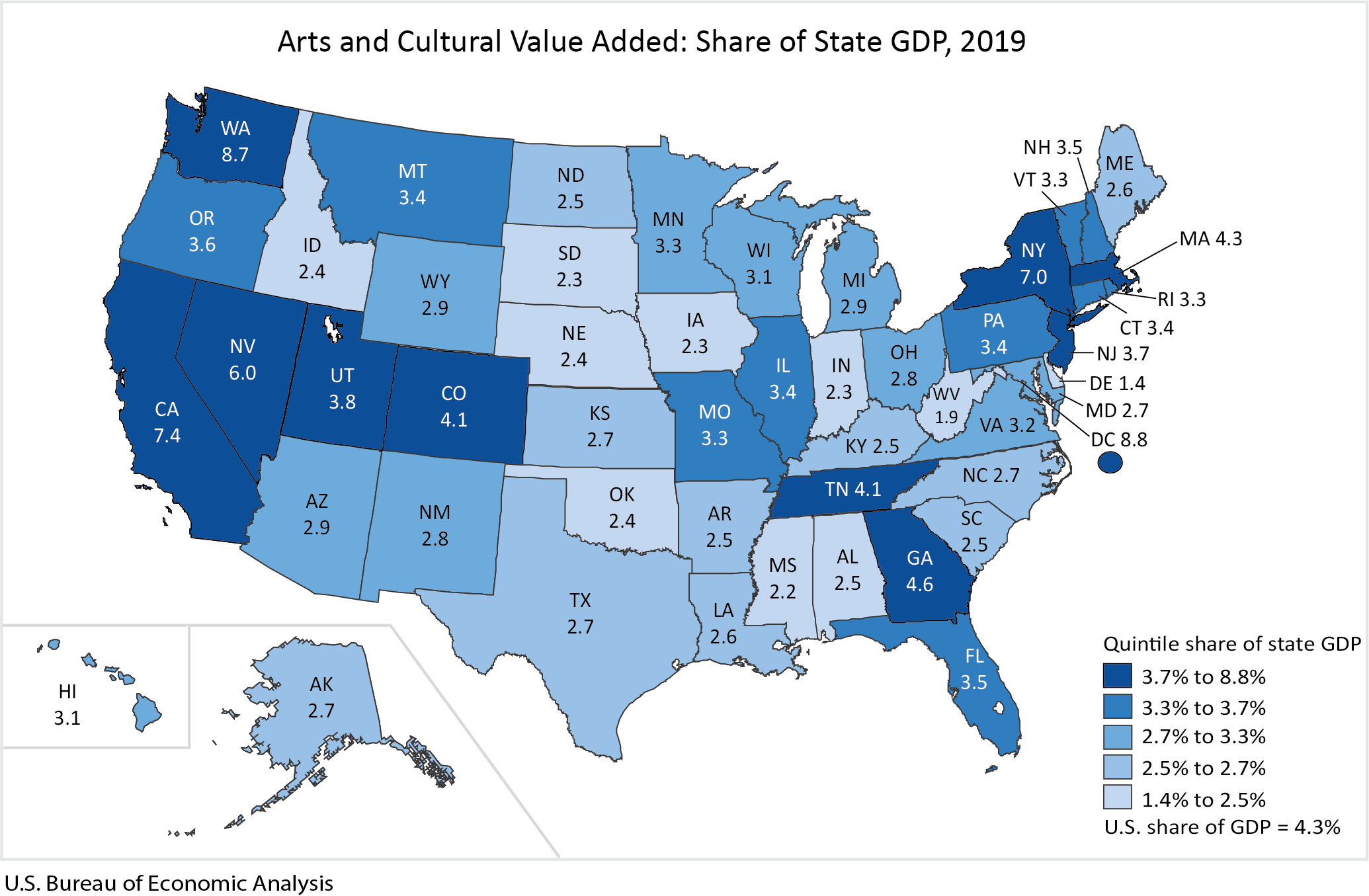 map. Arts and Cultural Value Added: Share of State GDP, 2019