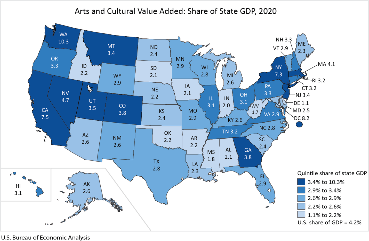 Map: Arts and Cultural Value Added Map: Share of State GDP