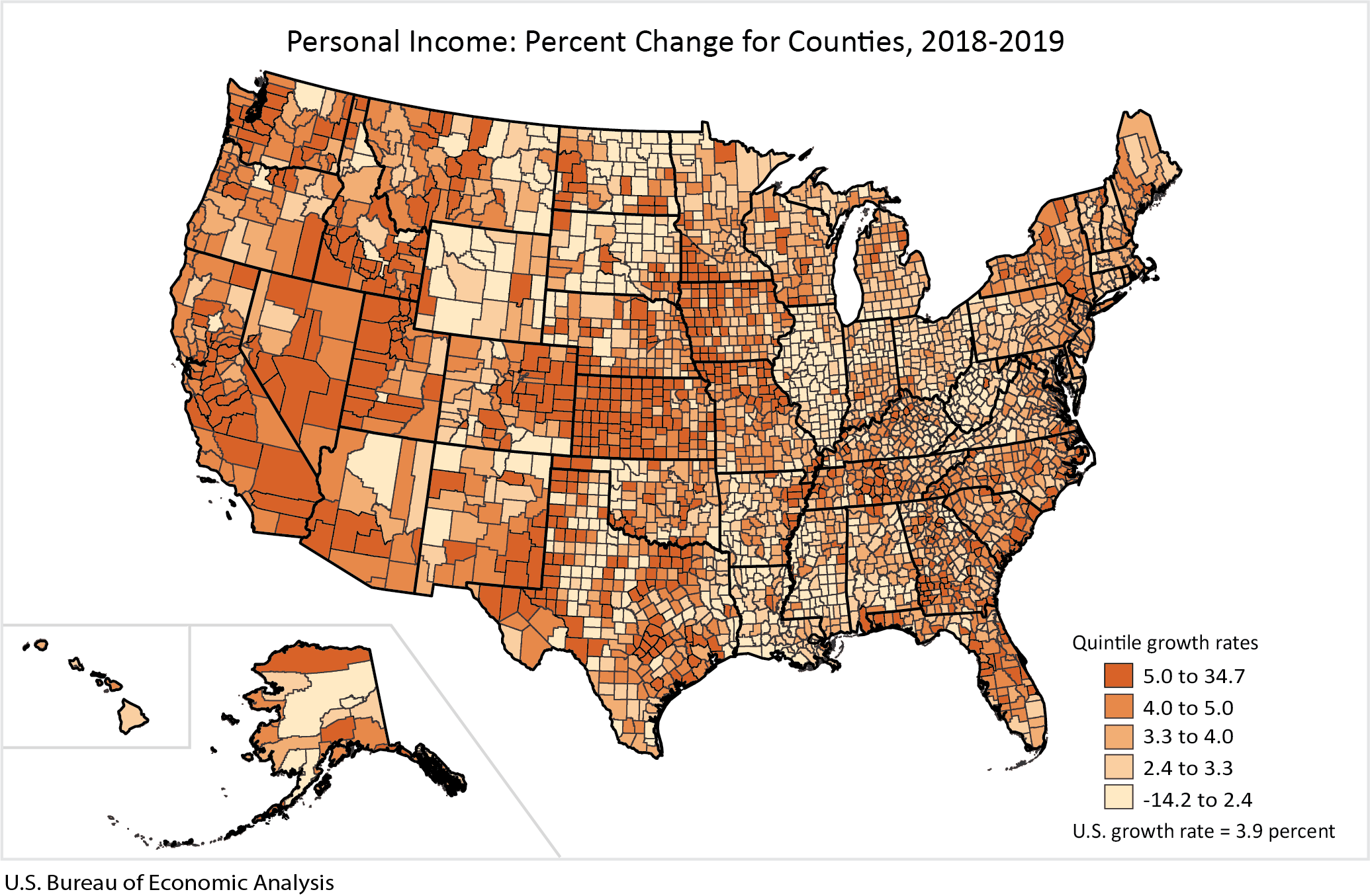 Map: Personal Income: Percent Change for Counties, 2018-2019