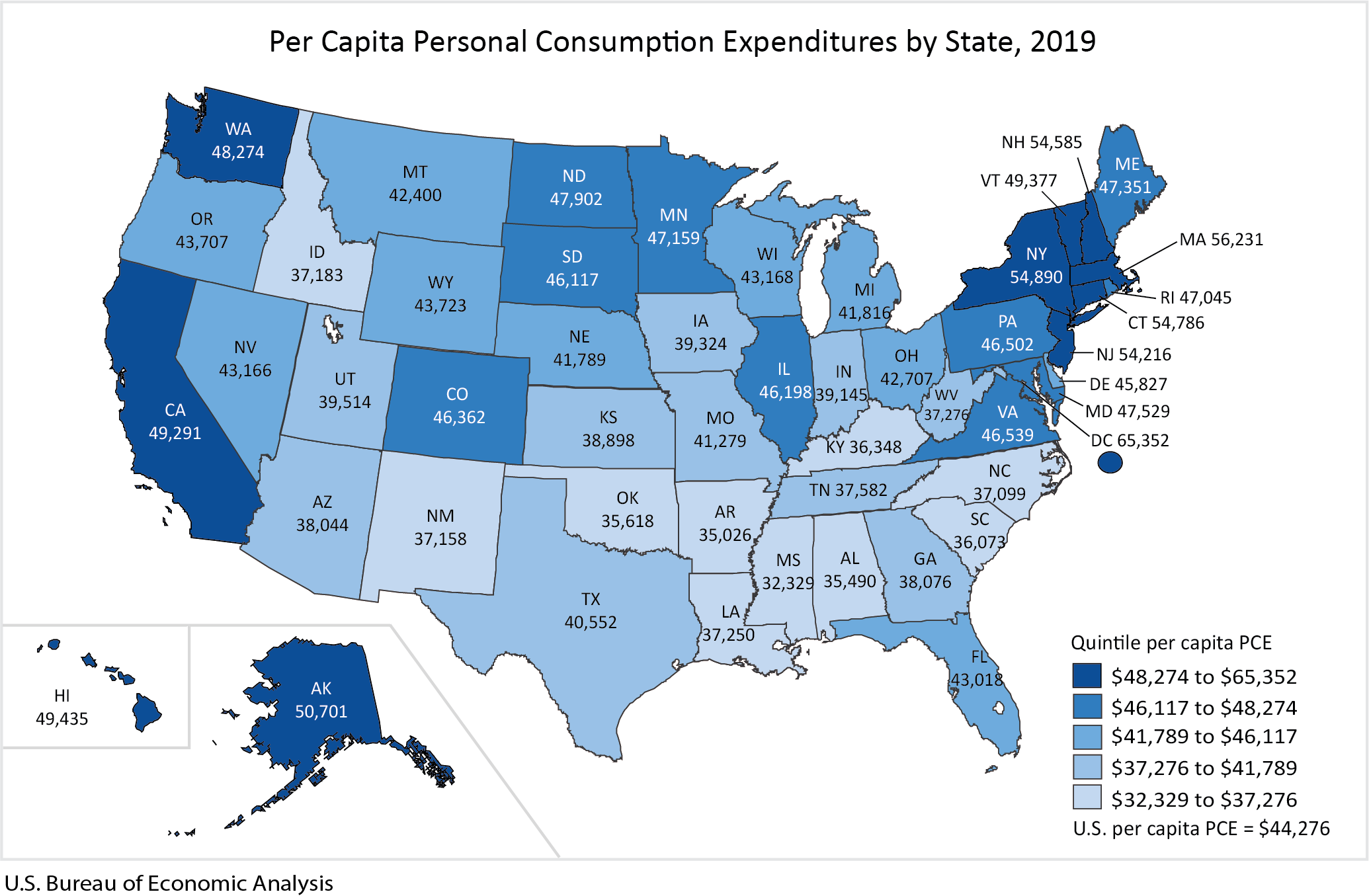 Map: Per Capita Personal Consumption Expenditures by State, 2019