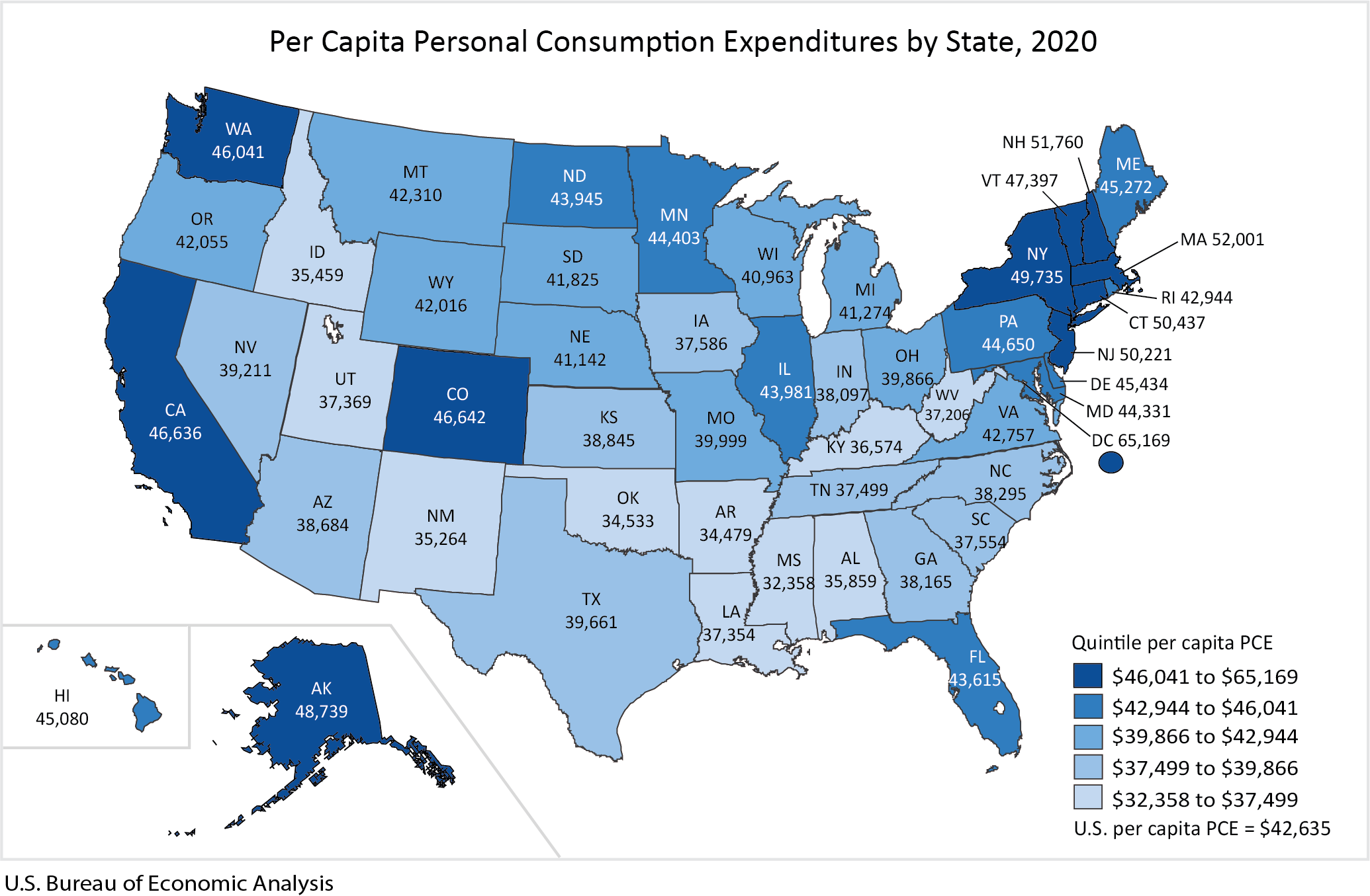 Map: Per Capita Personal Consumption Expenditures by State, 2020