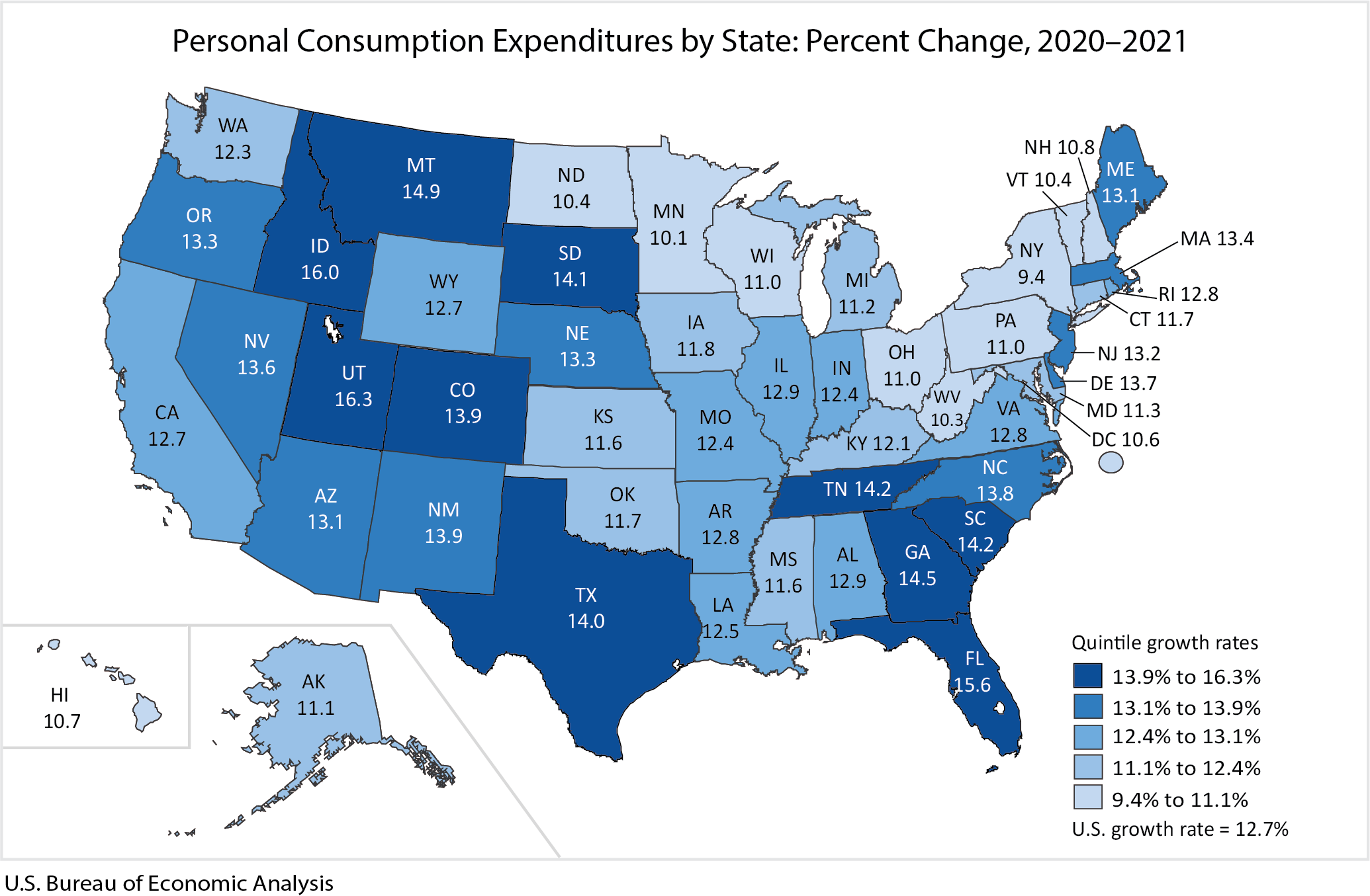 Map of US, Personal Consumption Expenditures by State: Percent Change, 2020-2021