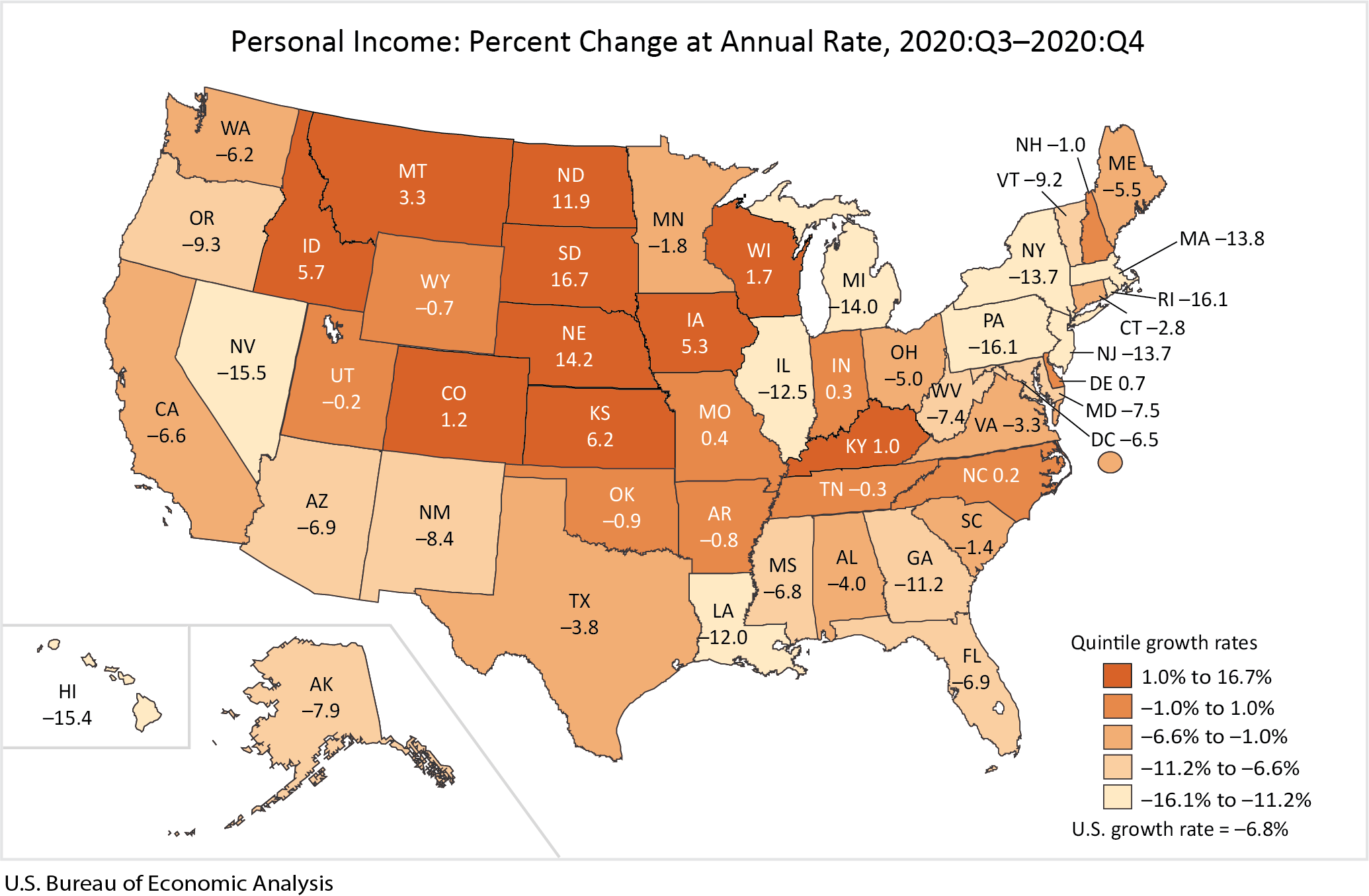 map: Personal Income: Percent Change at Annual Rate, 2020:Q3-2020:Q4