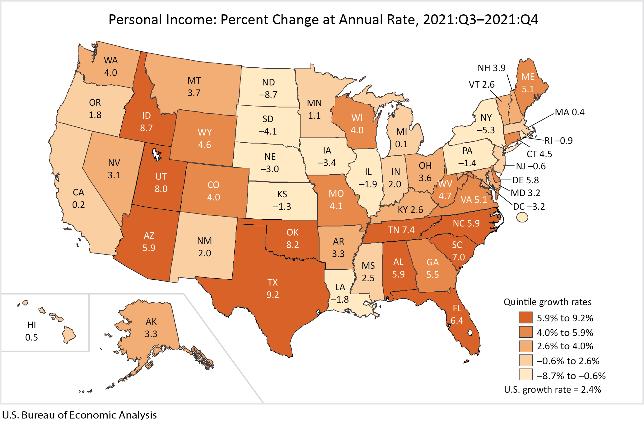 Map: Personal Income: Percent Change at Annual Rate, 2021:Q3-2021:Q4