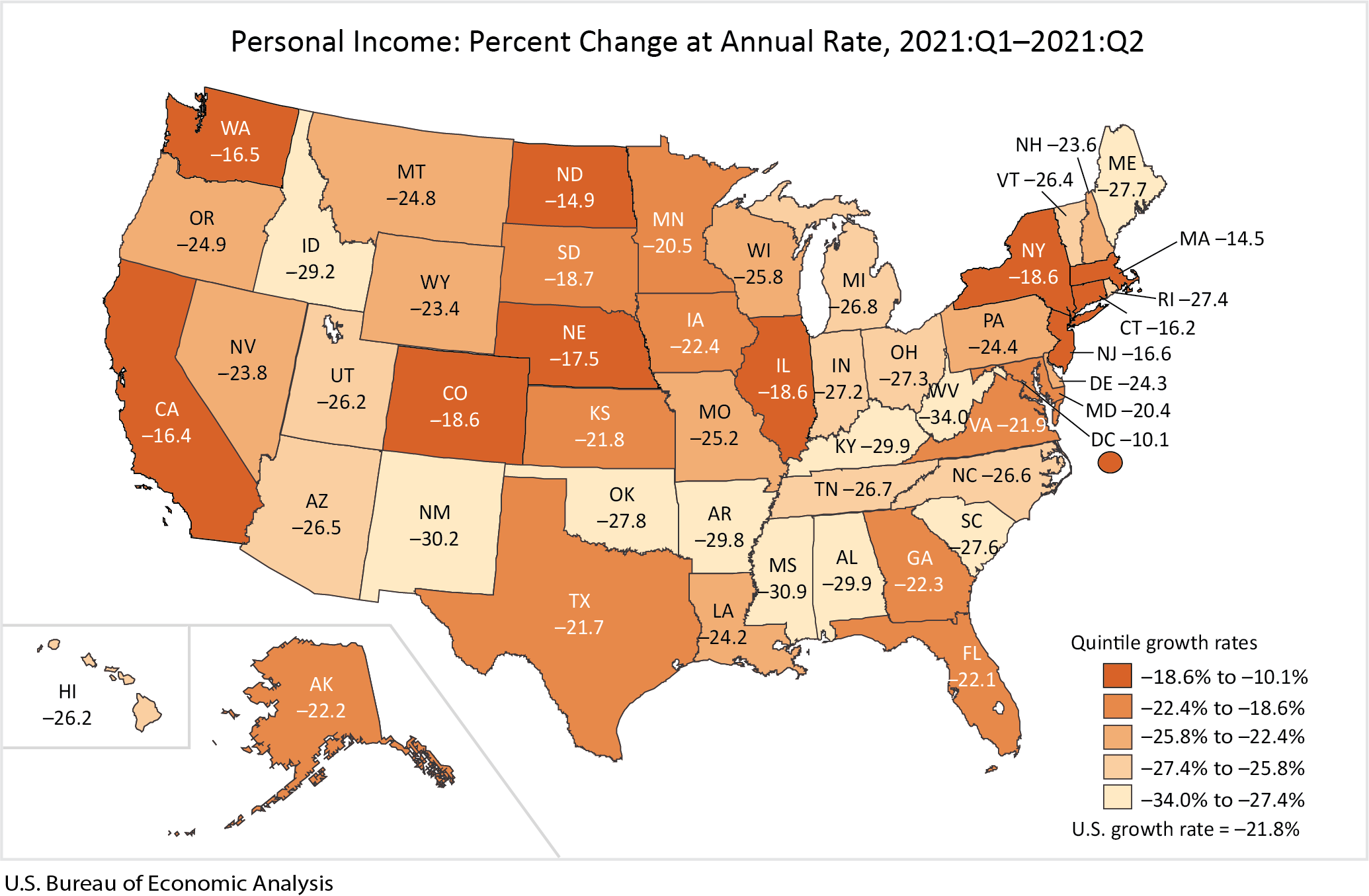 Map: Personal Income: Percent Change at Annual Rate, 2021Q1-2021:Q2