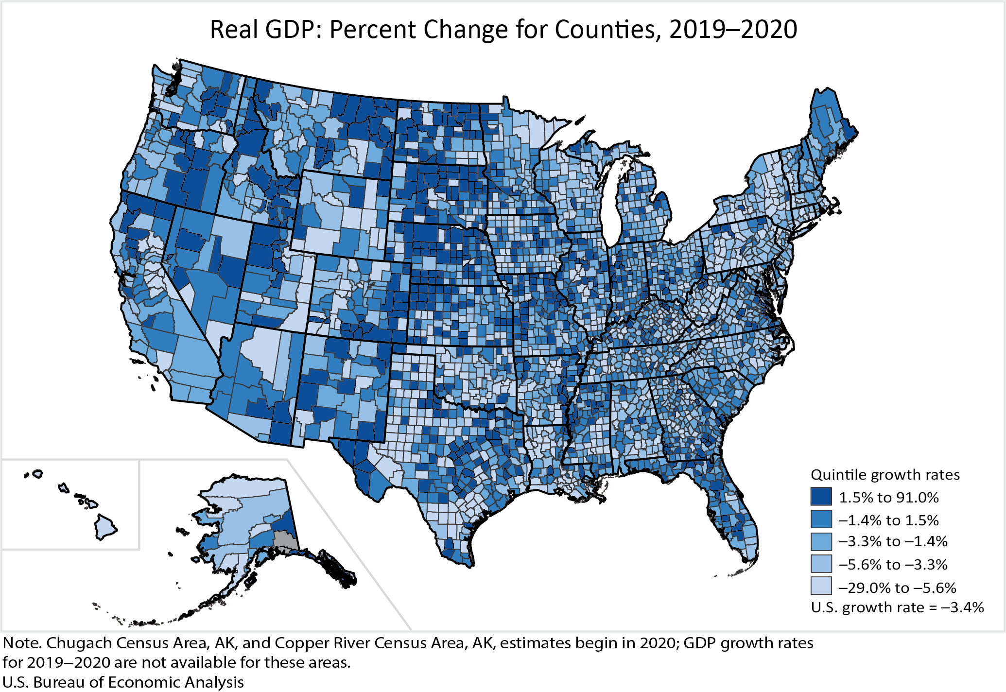 Map: Real GDP: Percent Change for Counties, 2019-2020
