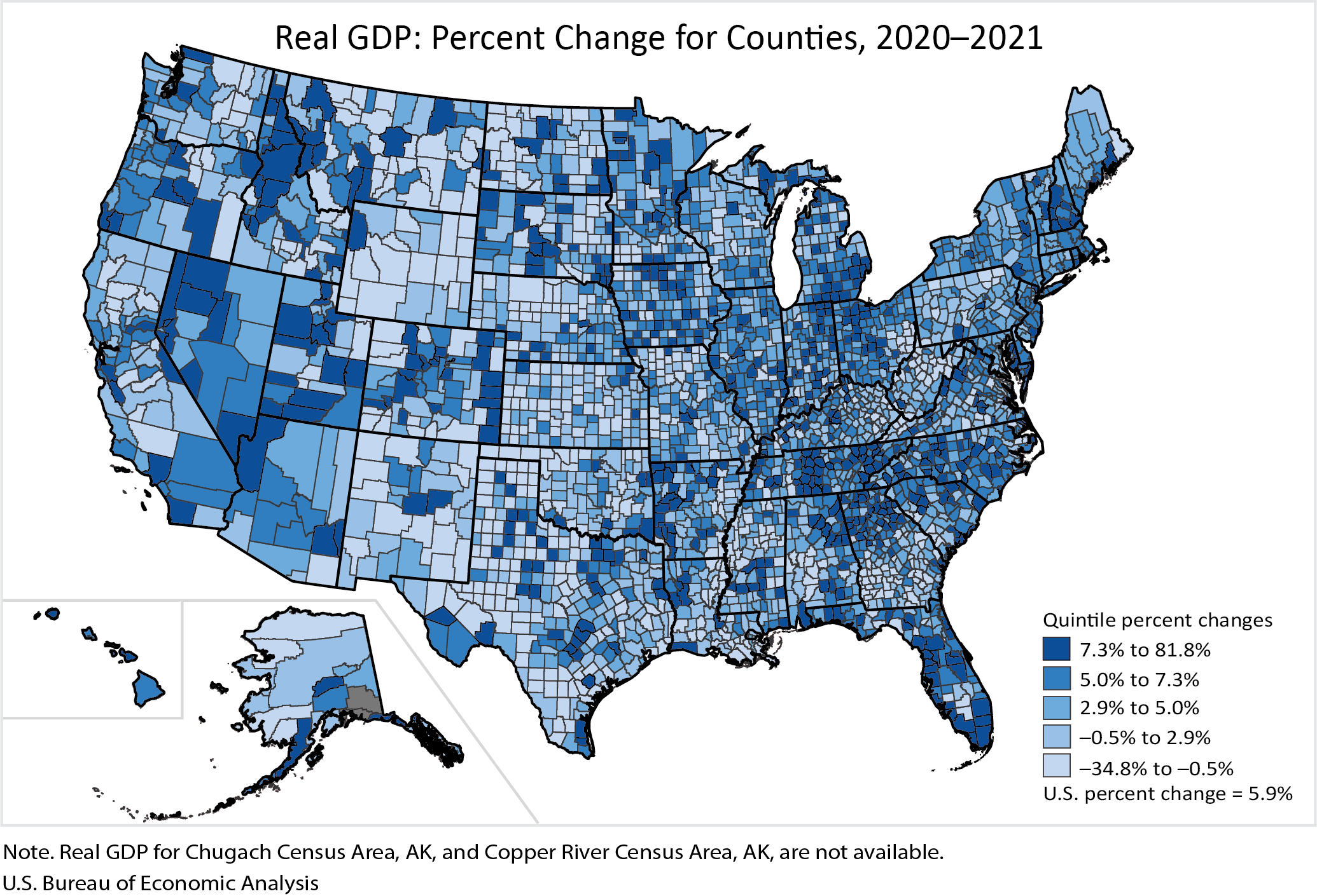 map: Real GDP: Percent Change for Counties, 200-2021