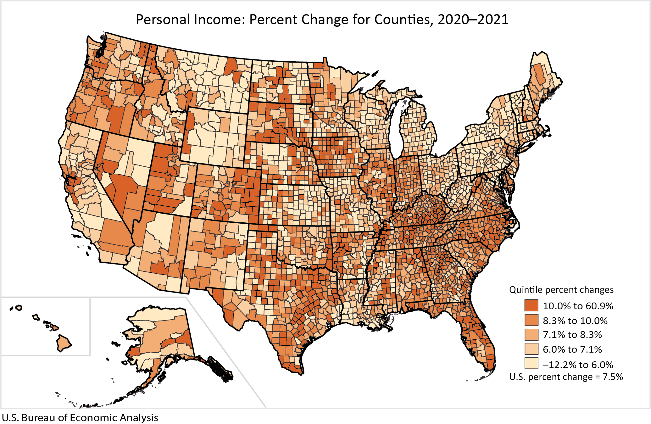 Map: Personal Income: Percent Change for Counties, 2020-2021
