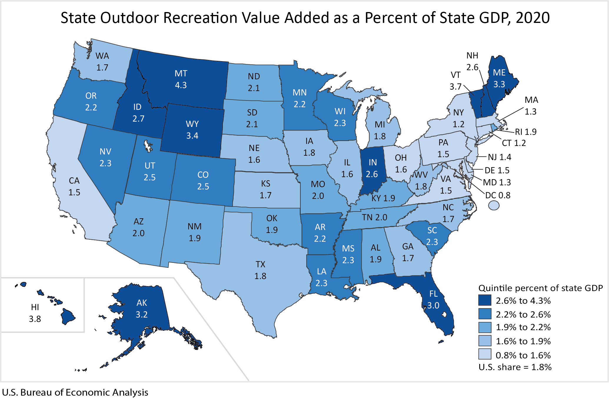 State Outdoor Recreation Value Added as a Percent of State GDP, 2020