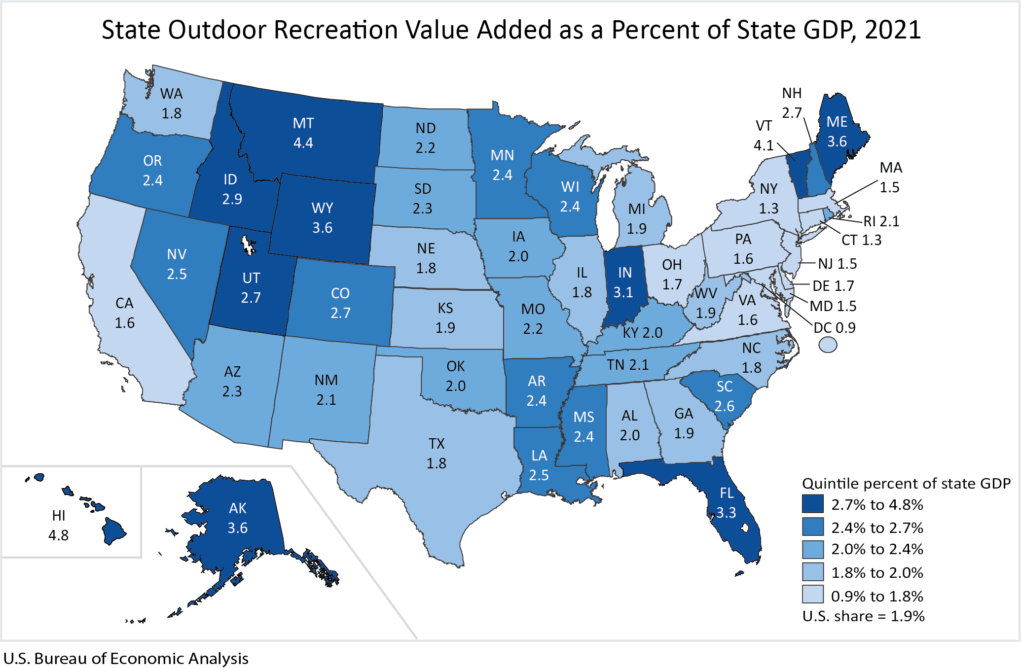 State Outdoor Recreation Value Added as a Percent of State GDP, 2021