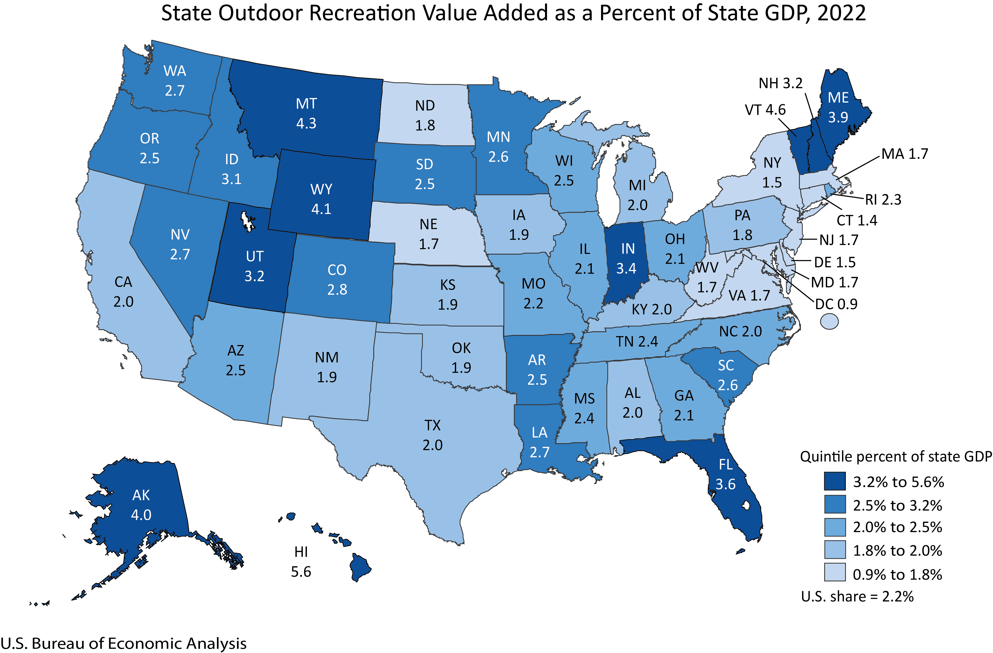 Map: State Outdoor Recreation Value Added as a Percent of State GDP, 2022