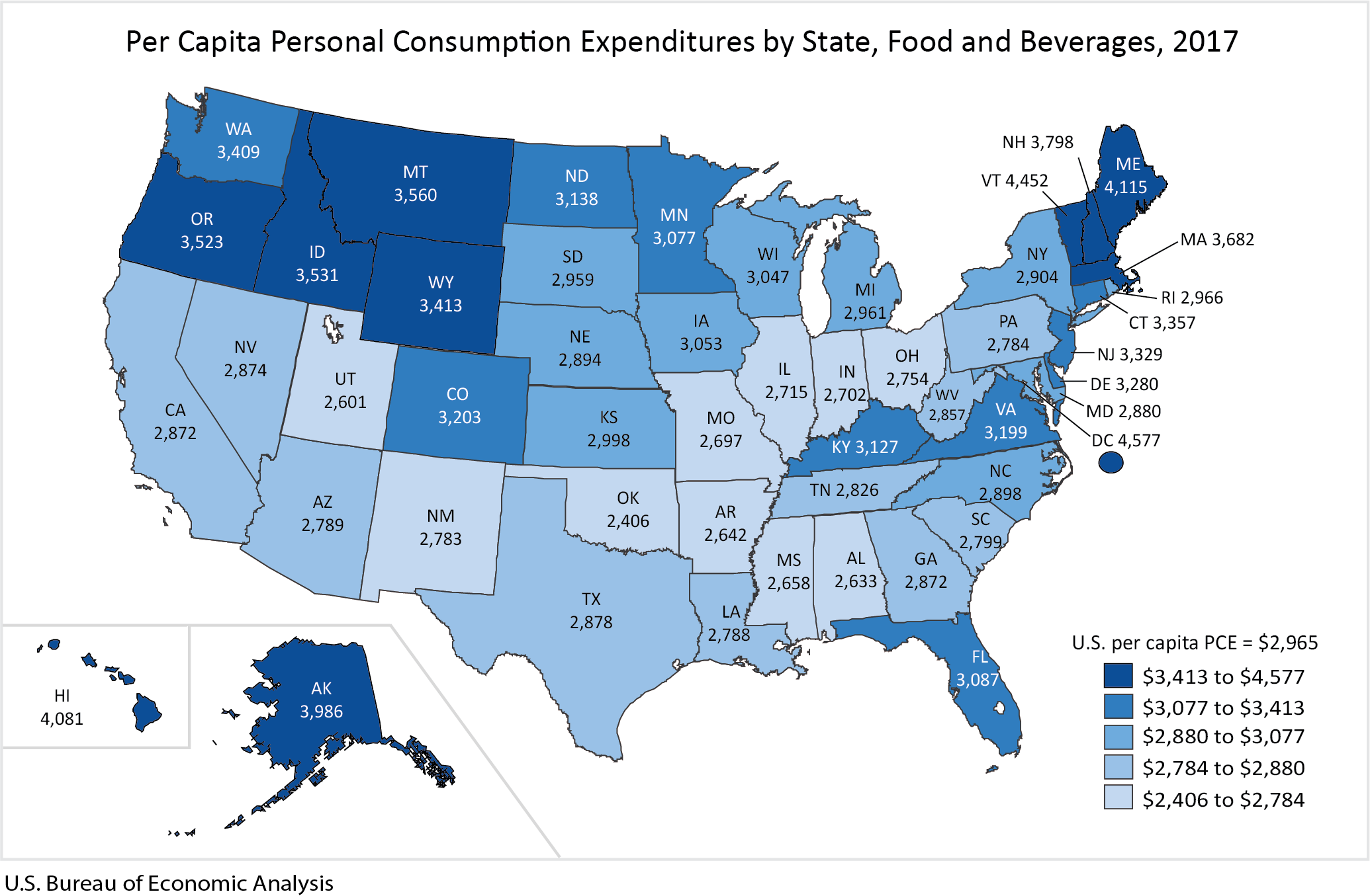 Per Capita Personal Consumption Expenditures by State, Food and Beverages, 2017