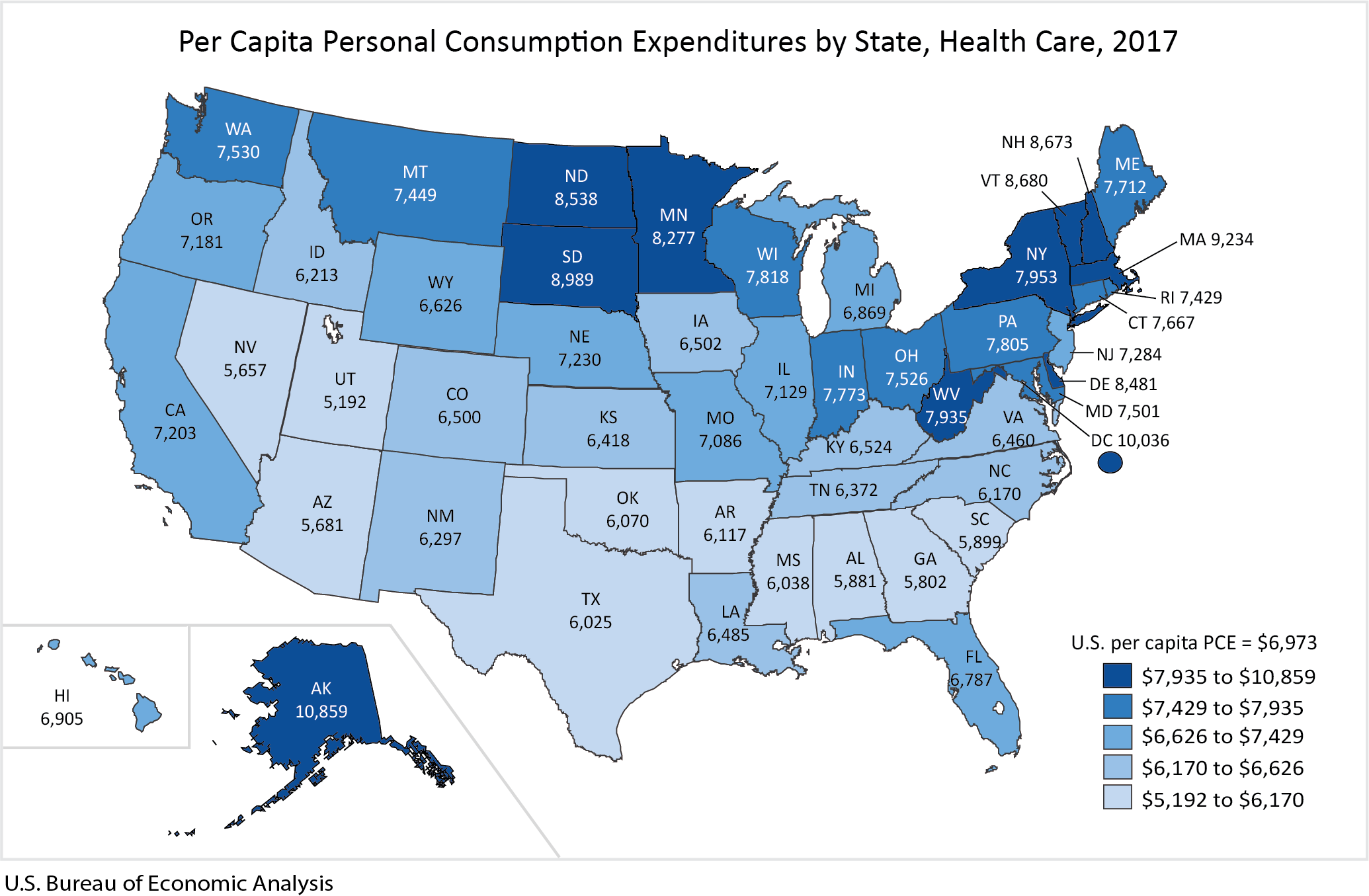 Per Capita Personal Consumption Expenditures by State, Health Care, 2017