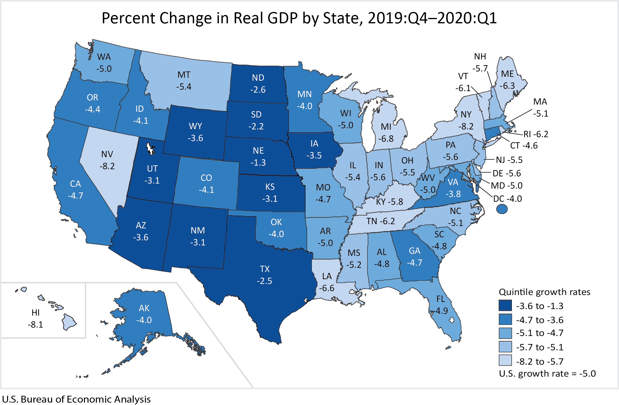 Chart: percent change in Real GDP by State, 2019:Q4-2020:Q1