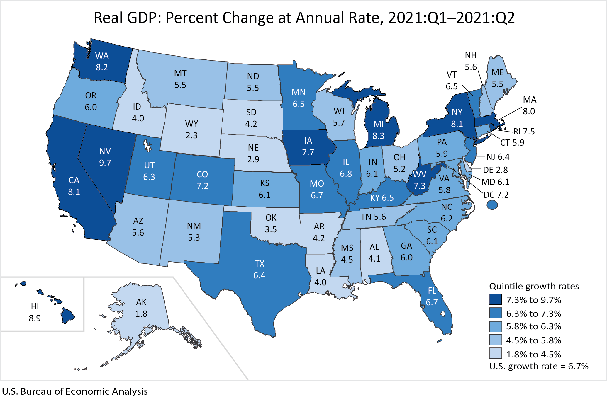 Map: Real GDP: Percent Change at Annual Rate, 2021:Q1-2021:Q2  