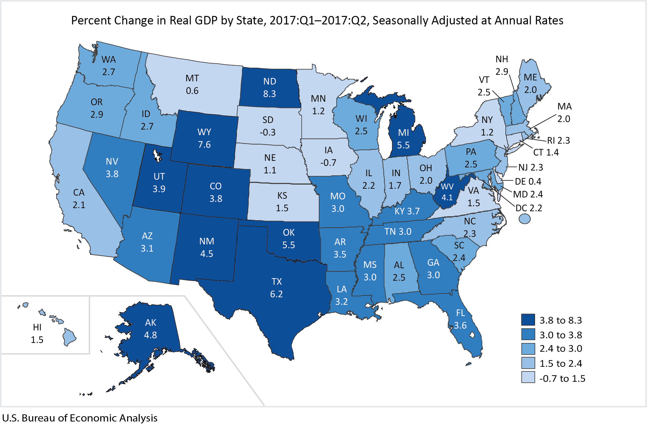 Map of U.S. visualizing percent change in Real GDP by state